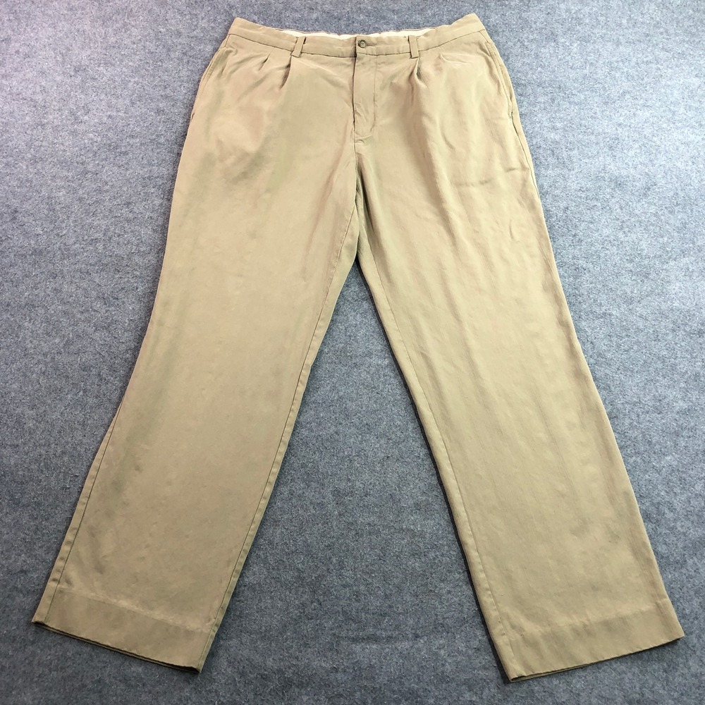 Tommy Bahama Mens Pleated Silk Bamboo Herringbone Pants 36x34 Khaki Tan Straight